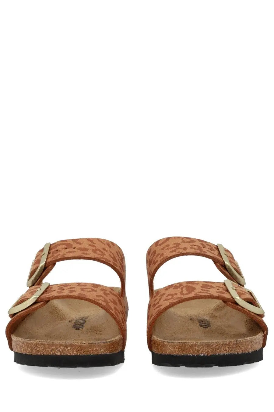 Birkenstock unisex sandal Arizona brown with tan leopard-print suede, gold-tone double buckles, and cork footbed