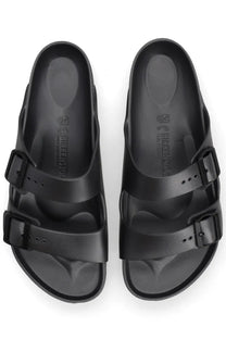Birkenstock unisex sandal arizona grey featuring black two adjustable straps and a contoured footbed