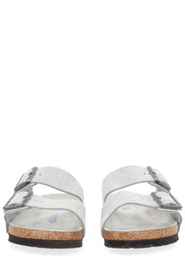 Birkenstock unisex sandal arizona grey light gray suede with two adjustable straps and cork footbed