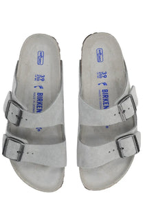 Birkenstock unisex sandal arizona grey in light gray suede with two adjustable straps and silver metal buckles