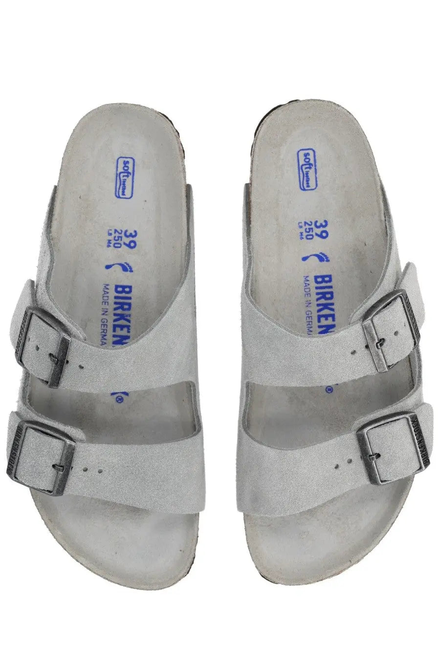 Birkenstock unisex sandal arizona grey with light gray suede, two adjustable straps, and silver-toned metal buckles