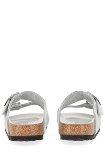 Birkenstock unisex sandal arizona grey with light gray suede straps cork footbed and black rubber sole