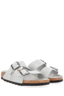 Birkenstock unisex sandal arizona grey with silver suede two adjustable straps and cork footbed