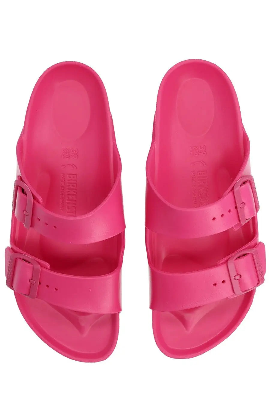 Birkenstock unisex sandal arizona pink with bright pink leather upper and two adjustable buckle straps