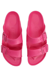 Birkenstock unisex sandal arizona pink with bright pink leather upper and two adjustable buckle straps