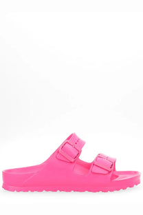 Birkenstock unisex sandal Arizona pink with two adjustable straps and rubber sole in bright pink birkenstock style