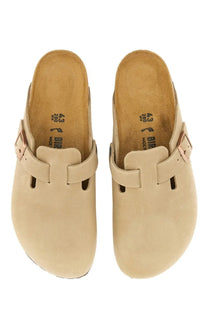 Beige suede birkenstock unisex sandal boston clogs with rose gold-tone buckle straps in brown