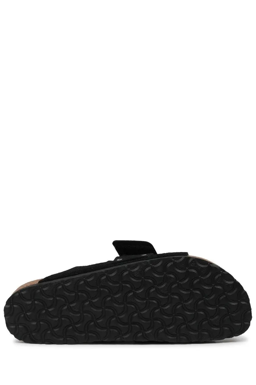 Black birkenstock unisex sandal kyoto with suede upper and textured rubber sole shown from the back side