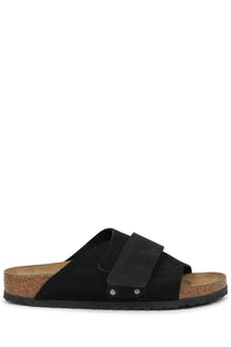 Birkenstock unisex sandal Kyoto black with black suede two wide straps and cork footbed in slide style