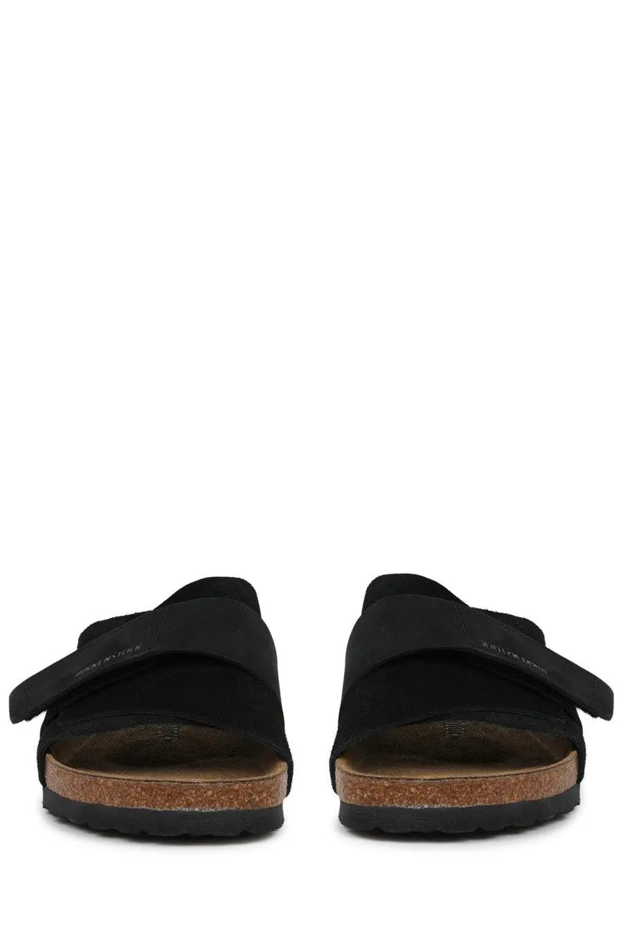 Birkenstock unisex sandal kyoto black with black suede straps cork footbed and rubber sole front view