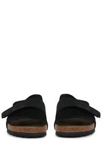 Birkenstock unisex sandal kyoto black with black suede straps cork footbed and rubber sole front view