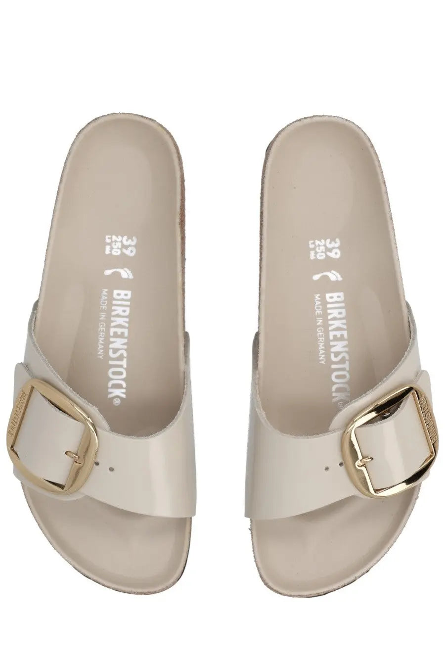 Beige birkenstock unisex sandal madrid big buckle with gold toned buckle and glossy finish