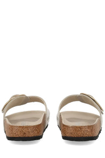 Beige leather birkenstock unisex sandal madrid big buckle with cork footbed and metallic buckle
