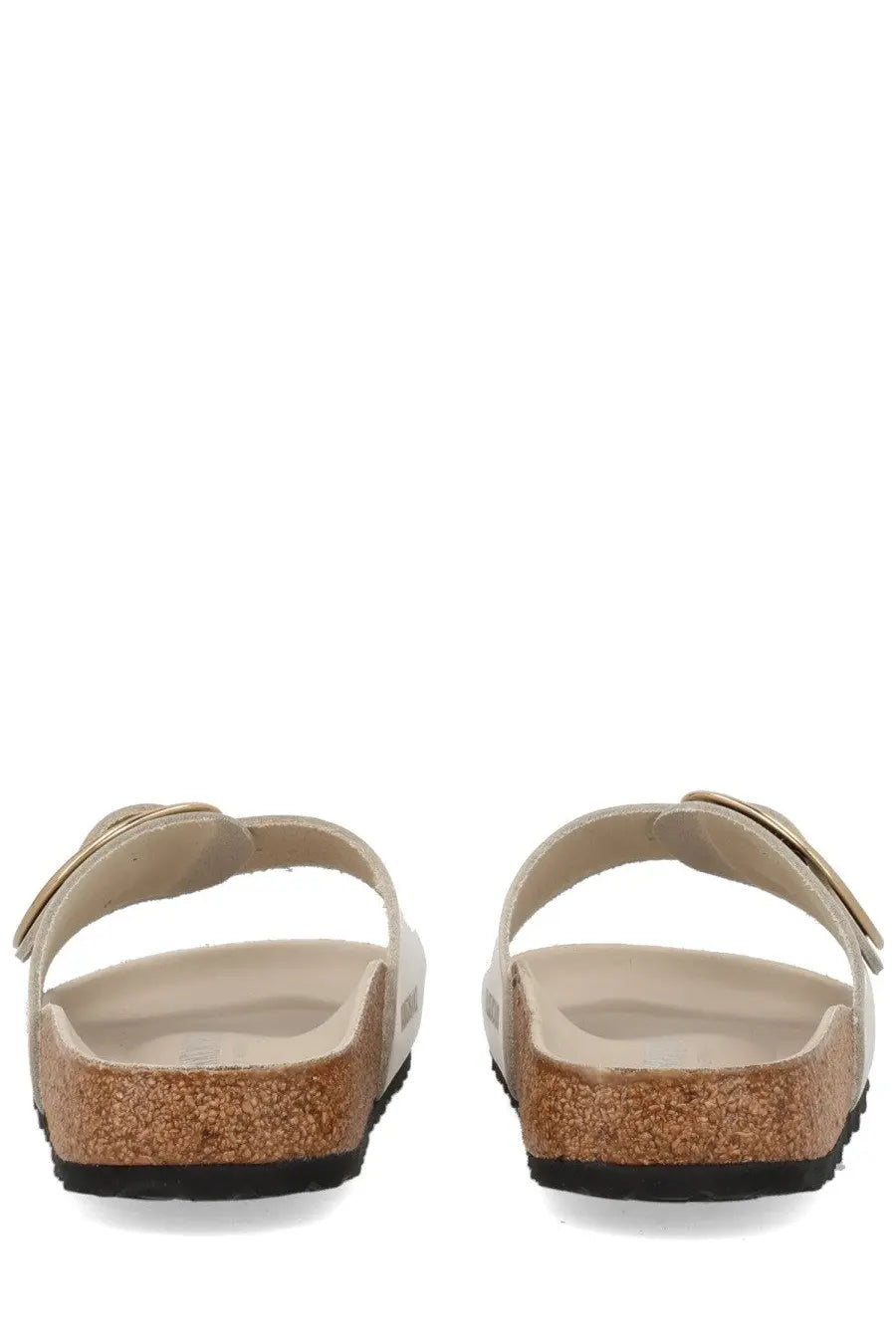 Beige leather birkenstock unisex sandal madrid with cork footbed and metallic big buckle in pink tone