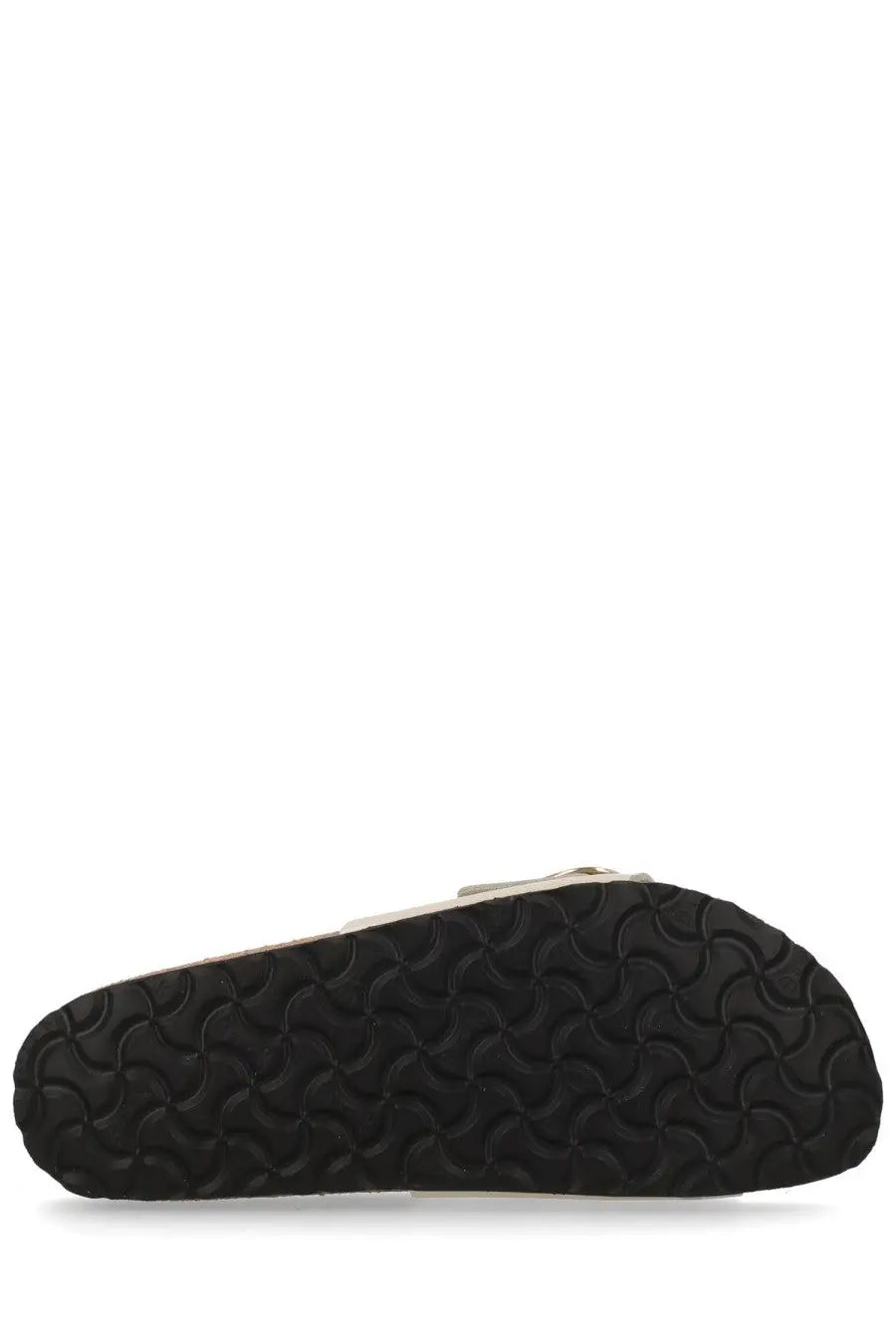 Black rubber sole with wavy tread pattern on the back side of birkenstock unisex sandal madrid big buckle pink