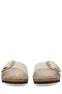 Birkenstock unisex sandal madrid big buckle pink with cream-colored leather strap gold buckle and cork sole