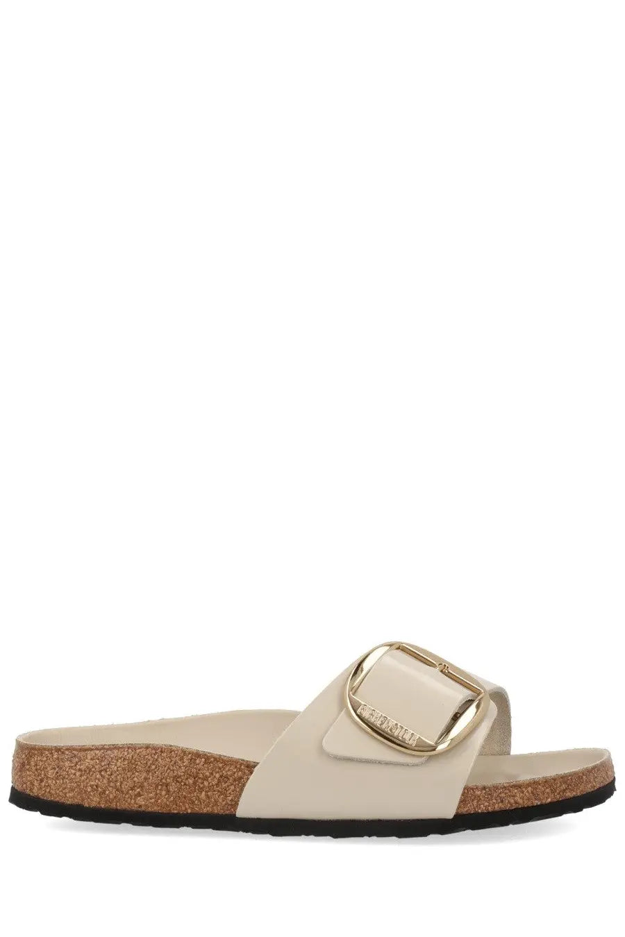 Birkenstock unisex sandal madrid big buckle in cream with gold-toned buckle and cork sole