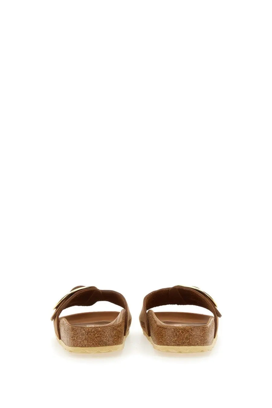 Birkenstock unisex sandal madrid brown cork with gold toned buckle detail on the front strap