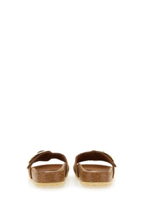 Birkenstock unisex sandal madrid brown cork with gold toned buckle detail on the front strap