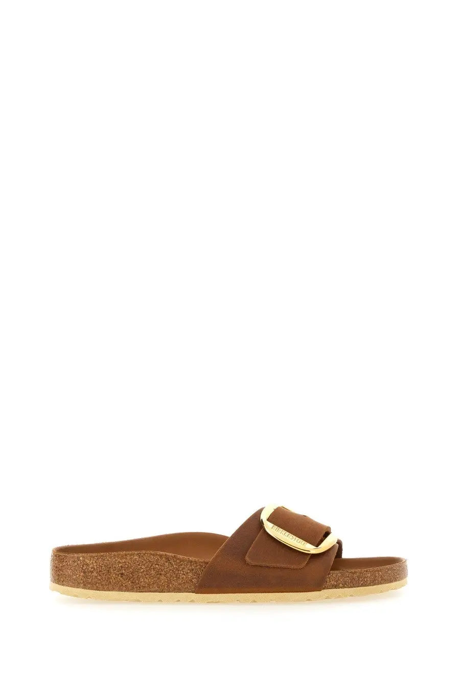 Birkenstock unisex sandal madrid brown leather slide with gold-tone buckle and cork sole in front view