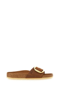 Birkenstock unisex sandal madrid brown leather slide with gold-tone buckle and cork sole in front view