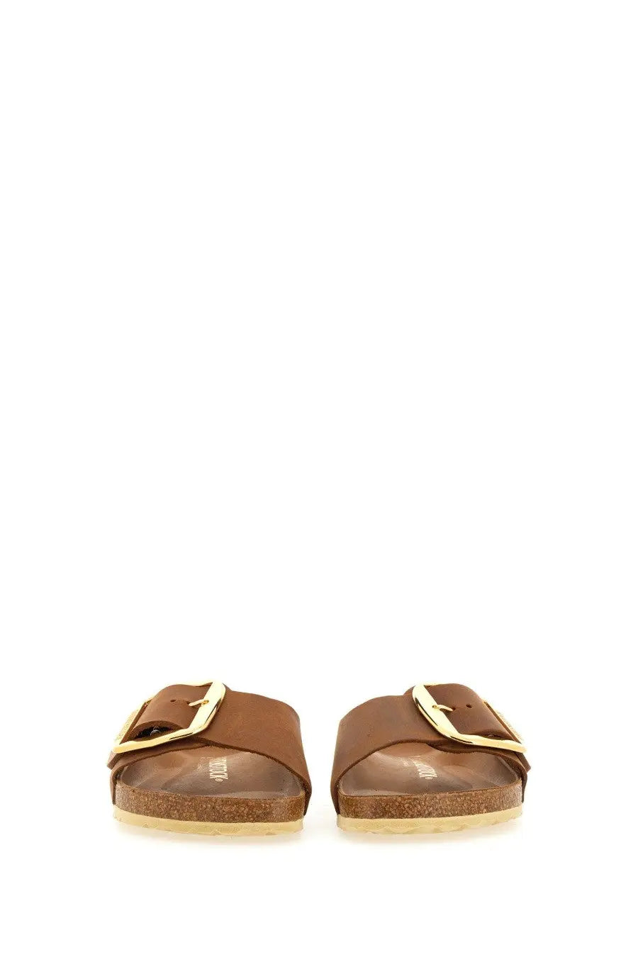 Birkenstock unisex sandal madrid brown slide with brown leather upper gold-tone buckle and cork sole