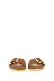 Birkenstock unisex sandal madrid brown slide with brown leather upper gold-tone buckle and cork sole