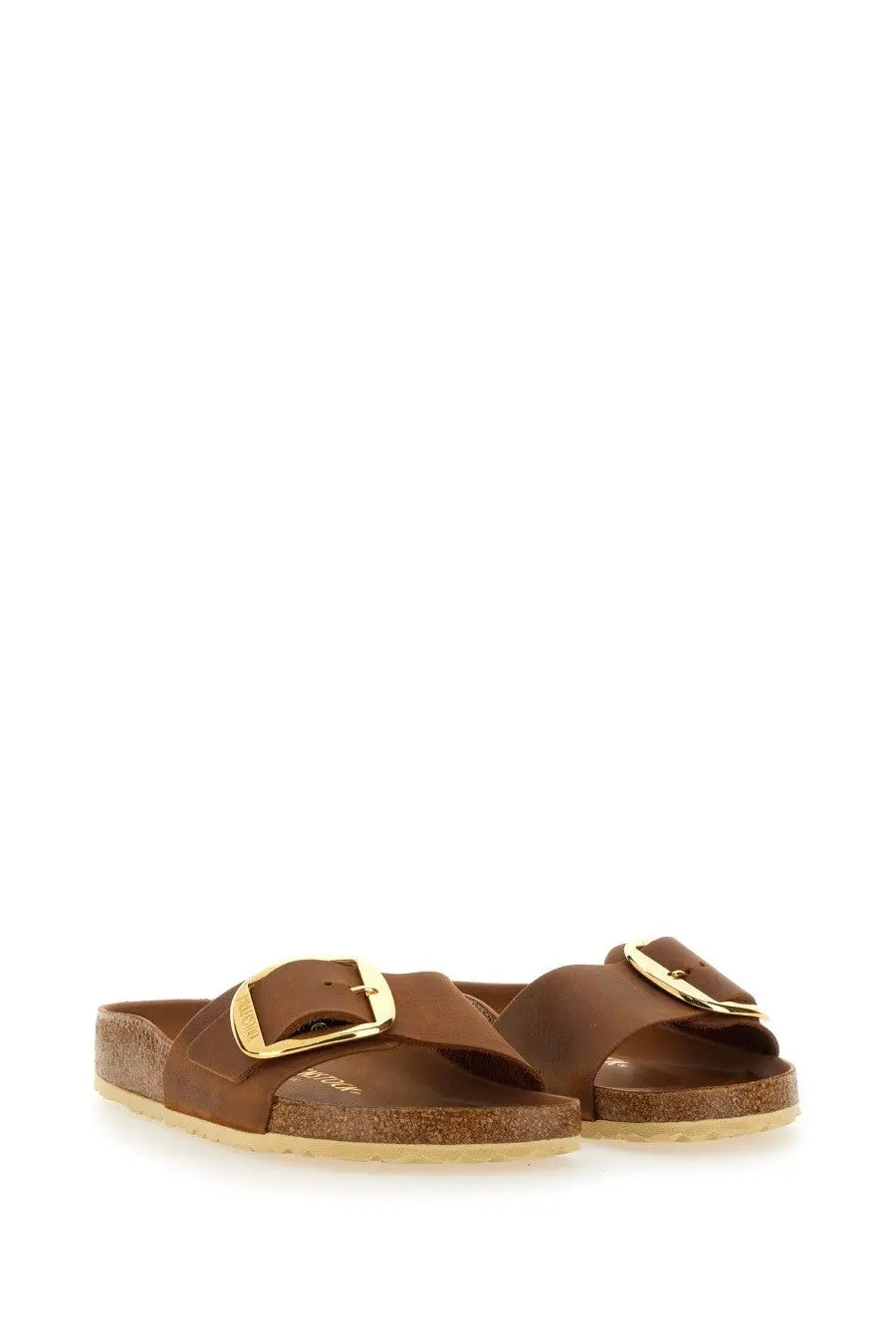 Birkenstock unisex sandal madrid brown leather slide with gold-tone buckle and cork sole