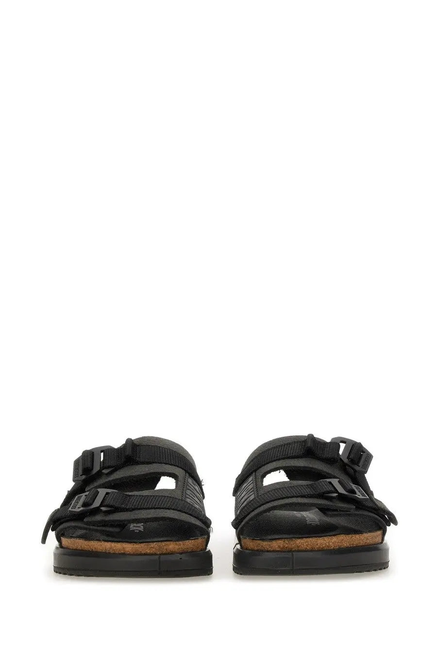 Birkenstock unisex sandal shinjuku black with adjustable straps and cork footbed shown from the back side