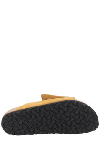 Birkenstock unisex sandal solana brown with tan suede clog and black rubber sole with distinctive wavy tread pattern