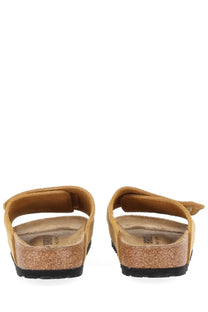 Birkenstock unisex sandal solana brown tan suede with cork footbed and black rubber sole front view