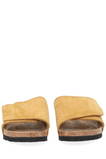 Birkenstock unisex sandal solana brown tan suede slide sandals with cork sole and black rubber outsole front view