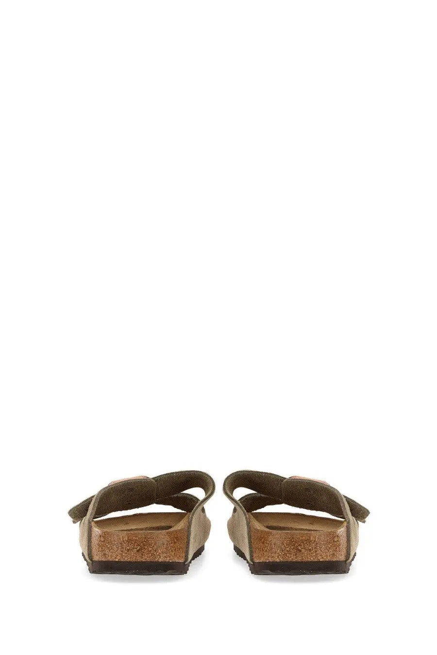 Olive green suede strap sandals with cork footbed and rubber sole birkenstock unisex sandalo arizona beige