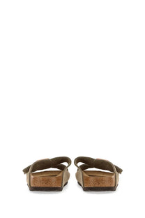 Olive green suede strap sandals with cork footbed and rubber sole birkenstock unisex sandalo arizona beige