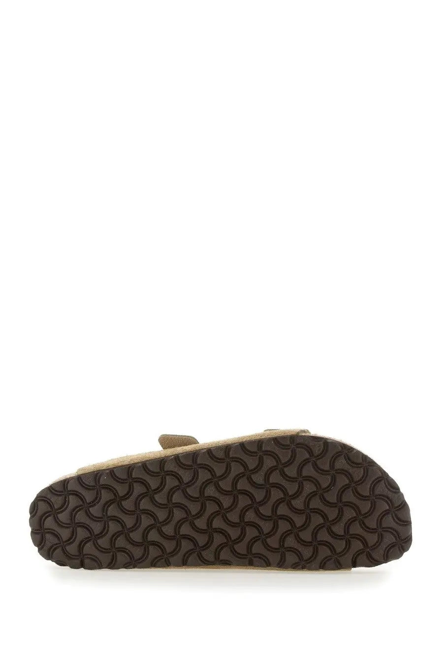 Birkenstock unisex sandalo arizona beige tan suede sandal with dark brown wavy-patterned rubber sole front view
