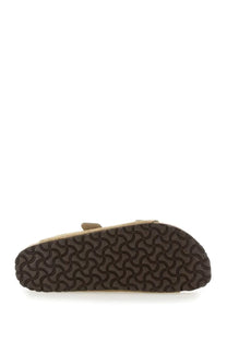 Birkenstock unisex sandalo arizona beige tan suede sandal with dark brown wavy-patterned rubber sole front view