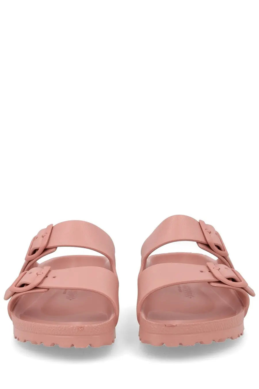 Pair of birkenstock unisex sandalo arizona blue rubber sandals with two adjustable straps and textured sole