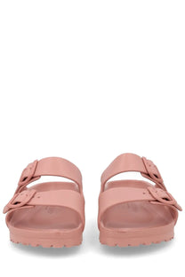 Pair of birkenstock unisex sandalo arizona blue rubber sandals with two adjustable straps and textured sole