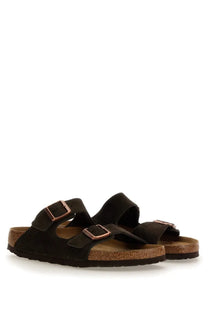 Birkenstock unisex sandalo arizona brown black suede sandals with rose gold buckles and cork footbed