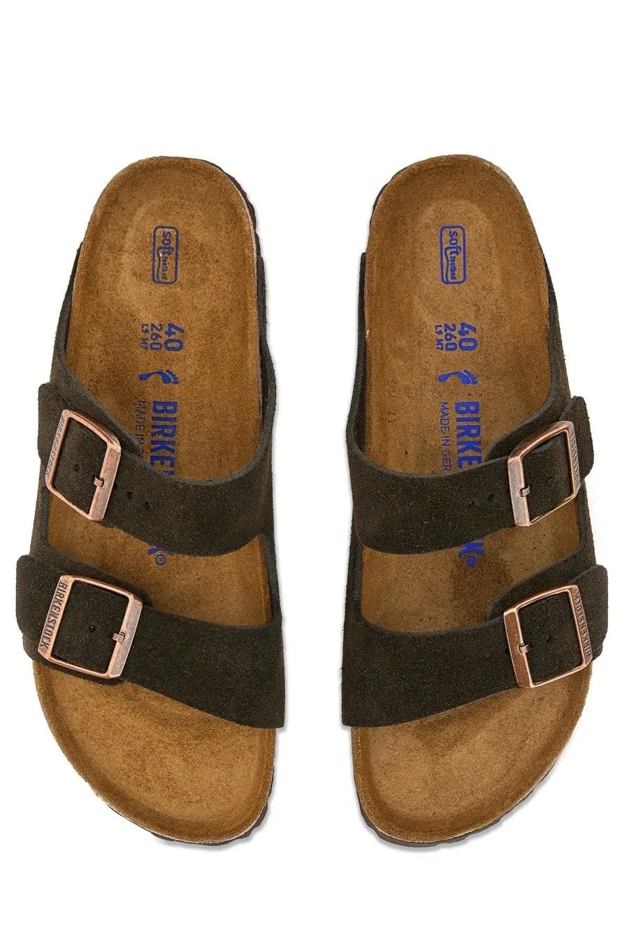 Birkenstock unisex Sandalo Arizona dark green suede sandals with rose gold double buckle straps and cork footbed
