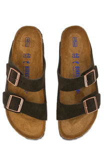 Birkenstock unisex Sandalo Arizona dark green suede sandals with rose gold double buckle straps and cork footbed
