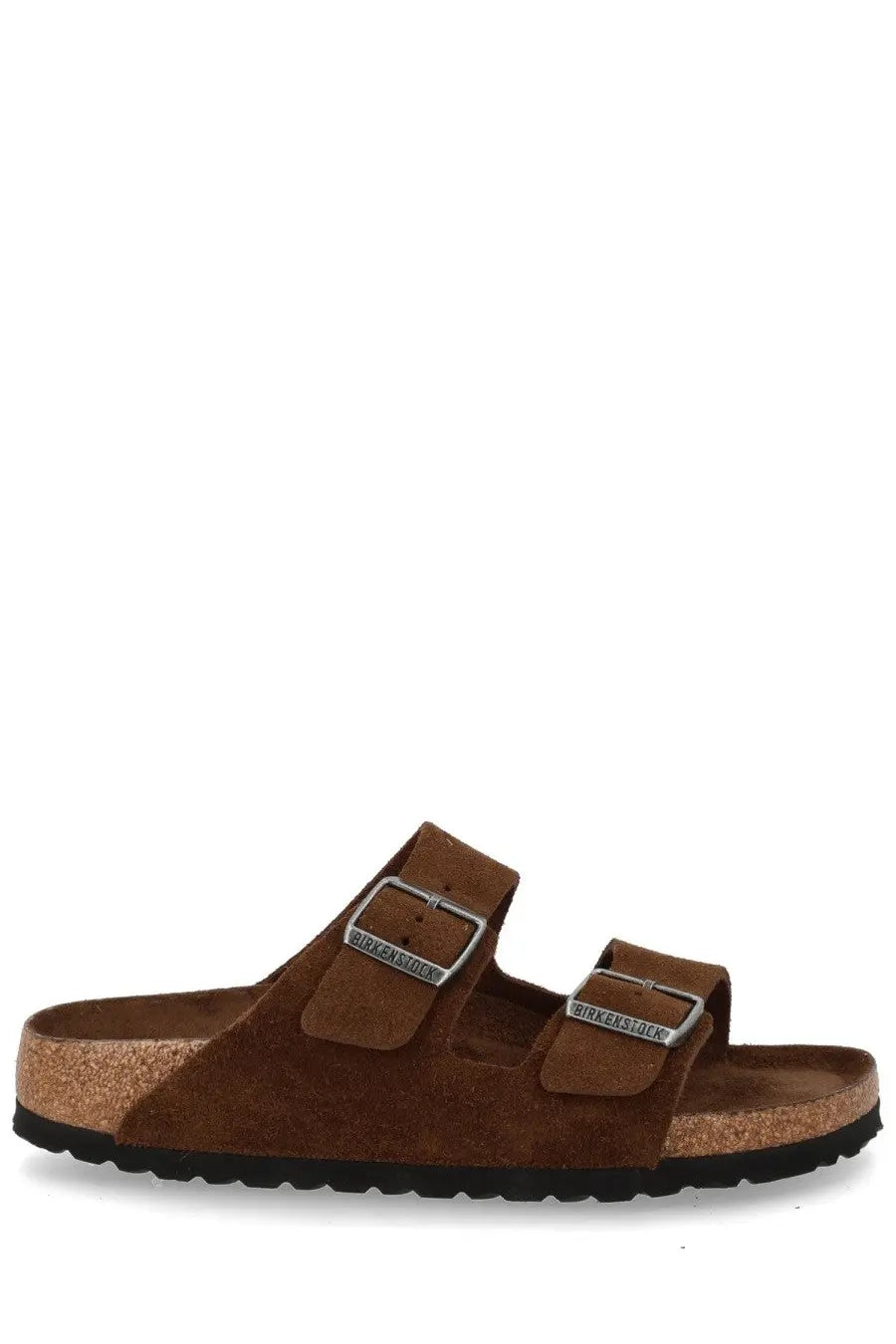 Brown suede birkenstock unisex sandalo arizona sandals with two silver buckle straps and cork footbed