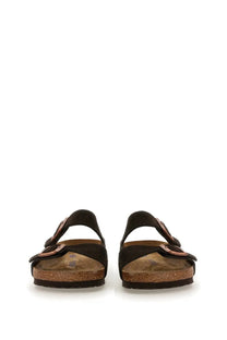 Birkenstock unisex sandalo arizona brown brown suede sandals with rose gold buckle details and cork footbed
