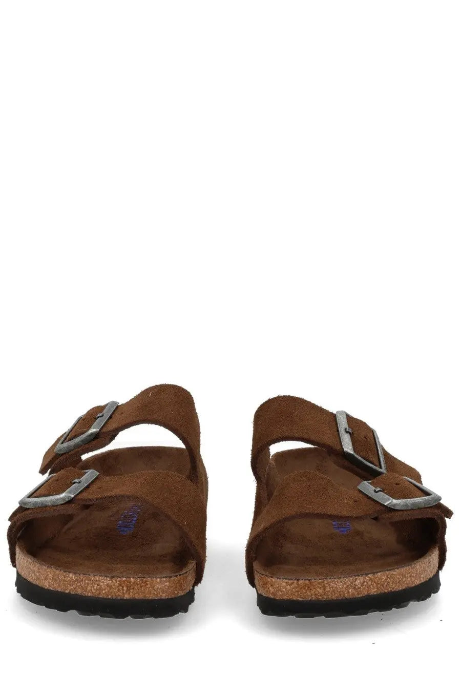 Brown suede birkenstock unisex sandalo arizona sandals with two silver buckle straps and cork footbed