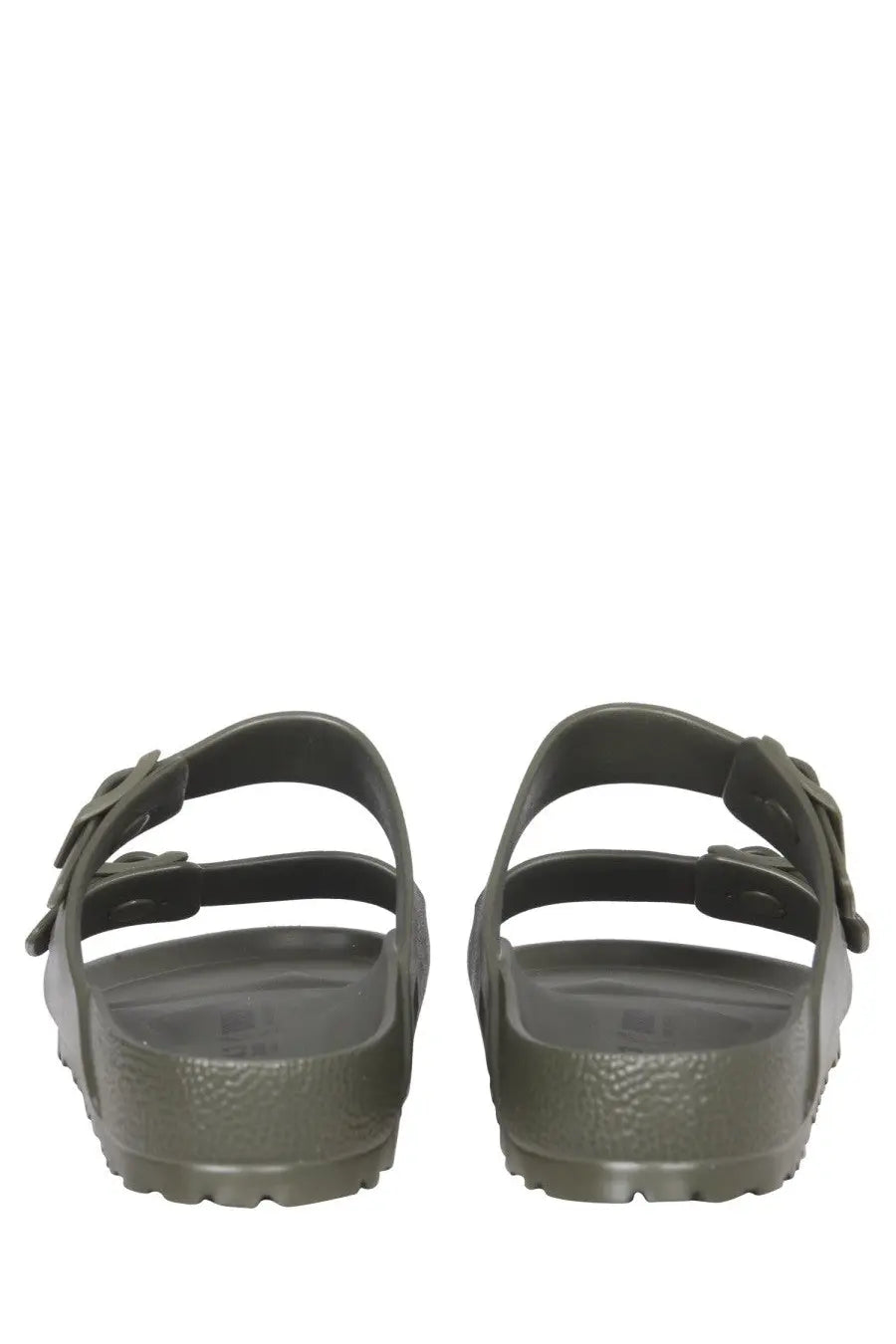 Olive green birkenstock unisex rubber sandals with two adjustable straps and textured sole for casual wear