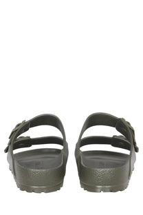 Olive green birkenstock unisex rubber sandals with two adjustable straps and textured sole for casual wear