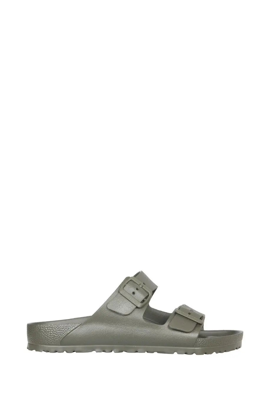 Olive green birkenstock unisex sandals with two adjustable straps and textured rubber sole for casual wear