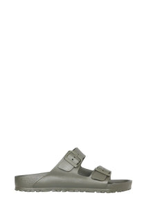 Olive green birkenstock unisex sandals with two adjustable straps and textured rubber sole for casual wear