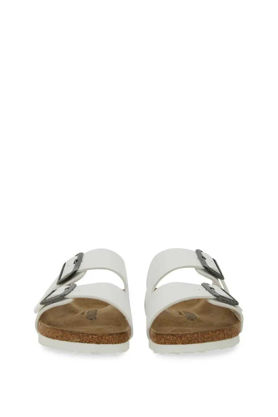 Birkenstock unisex sandalo arizona white sandals with two black buckle straps and a cork footbed
