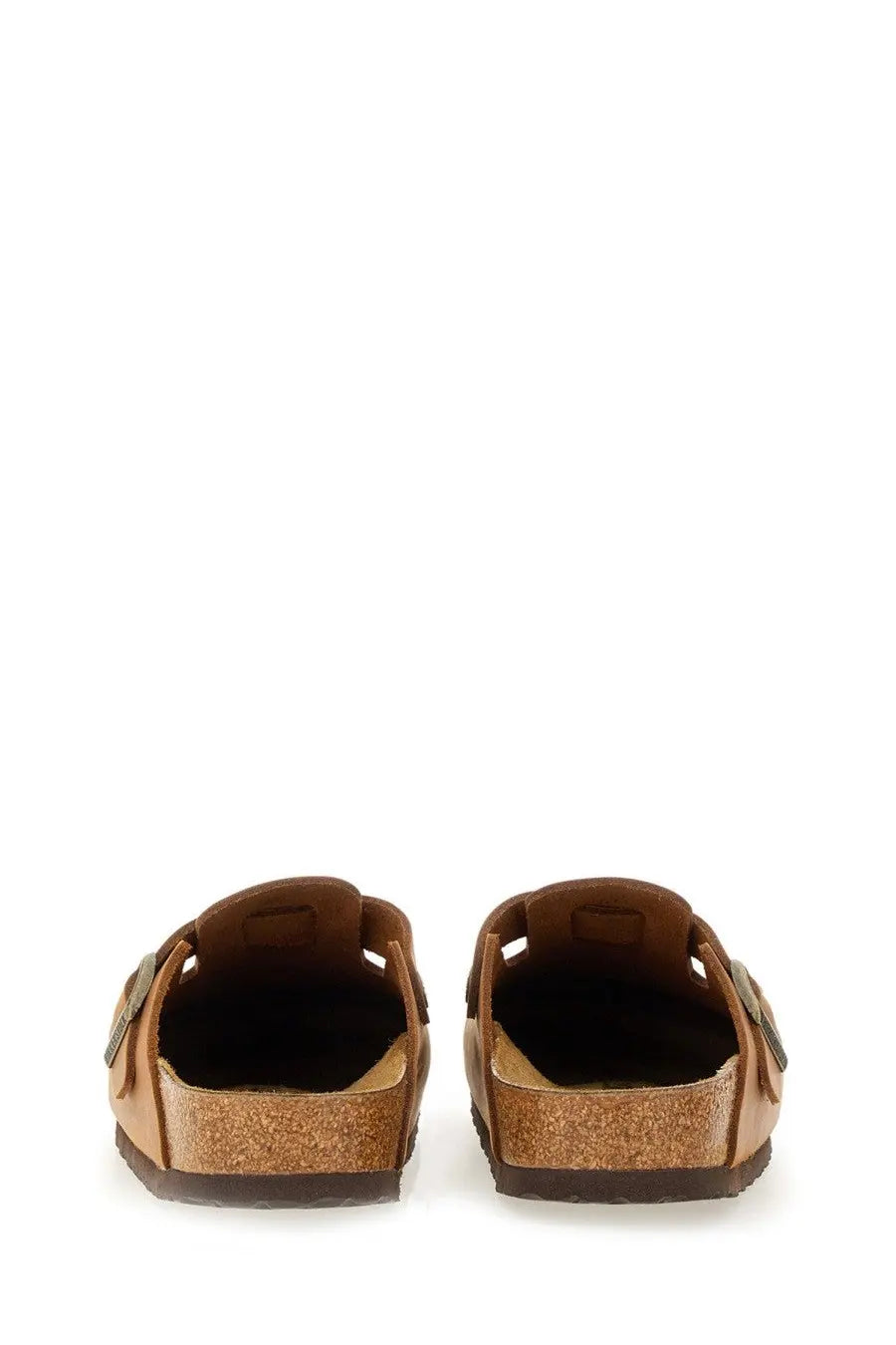Brown leather birkenstock unisex sandalo boston clogs with cork footbed and metal buckle